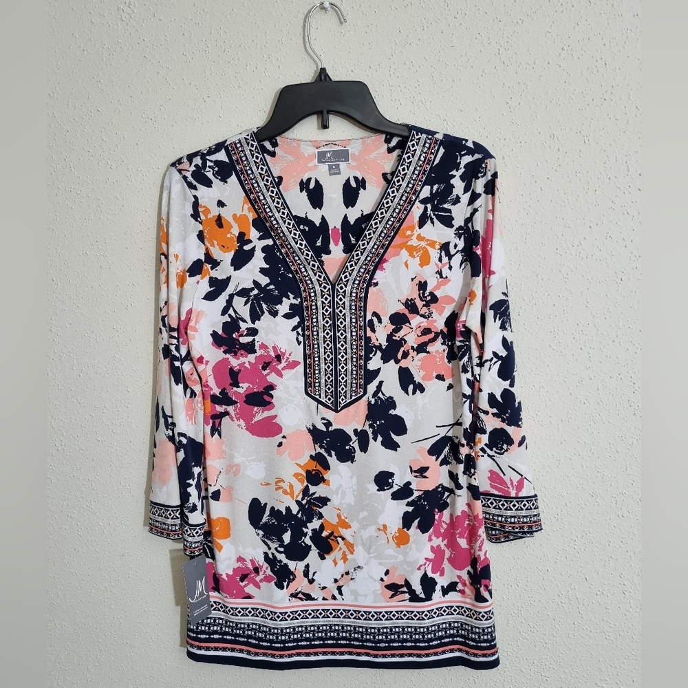 JM Collection White Pink Multicolor Tunic Top New With Tags Size S